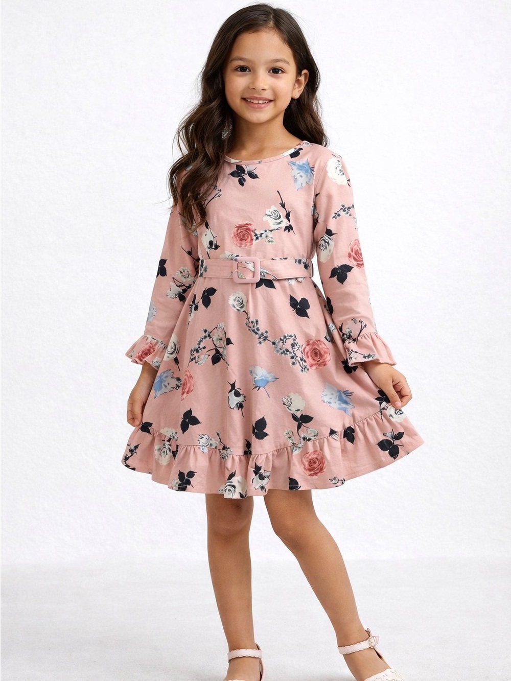 Girls Pink Floral Long Sleeve Dress Size 8